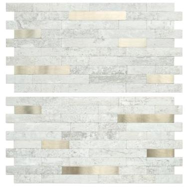 Imagem de AULIGET 2 folhas de revestimento de pedra sintética, revestimento de azulejo de PVC com aparência de pedra bege na parte de trás para cozinha e banheiro