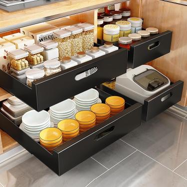 Imagem de Organizador De Armário Retrátil, Gaveta Extensível Para Armário Com Adesivo Sem Filme Gaveta Deslizante Prateleiras De Armazenamento Para Armário Base De Cozinha, Despensa, Black, 40cm