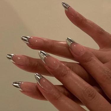 Imagem de Pregos de ponta francesa prateada, unhas de amêndoa média, prensas de ponta francesa, cola em unhas para mulheres, unhas francesas de acrílico, unhas de gel médio, espessas naturais, 24 peças