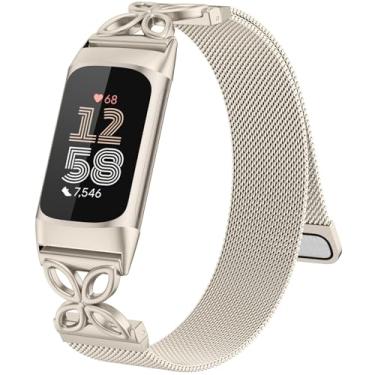 Imagem de GEAK Pulseira de metal compatível com Fitbit Charge 5/Charge 6 para mulheres, pulseira de metal de malha milanesa de substituição com lindo design floral para relógio Fitbit Charge 6/Charge 5