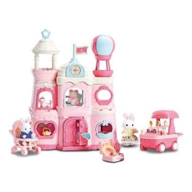 Imagem de Casinha Feliz Palácio Infantil, Rosa e Turquesa, 30cm de Altura, com Bonecos, Pet, Carrinho de Bebê, Balanço e Acessórios, Brinquedo Criativo para Crianças a Partir de 3 Anos, ZP01374