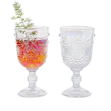 Imagem de Sungmor Taças de vinho iridescentes vintage – Conjunto de 2 taças em relevo, vidro decorativo de 293 ml para vinho, água ou coquetéis – Copos elegantes e transparentes, artigos para bebidas de