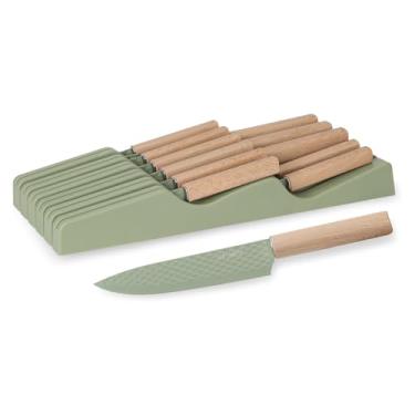 Imagem de Conjunto de facas de cozinha na gaveta, conjunto de 12 peças de blocos de facas com organizador de facas na gaveta, conjunto de facas de chef de aço inoxidável afiadas e antiaderentes, conjunto de
