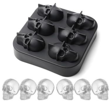 Imagem de Molde de cubo de gelo de caveira – Bandeja de silicone com 6 cavidades para grandes bolas de gelo 3D, cubos de 5,8 cm para uísque, coquetéis, bebidas de Halloween e decorações de festa