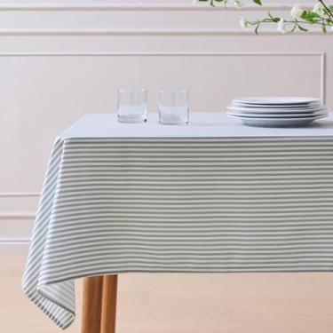 Imagem de Toalha de mesa retangular listrada sálvia e branca 132 x 178 cm, toalha de mesa impermeável e resistente a manchas, decoração de mesa de fazenda
