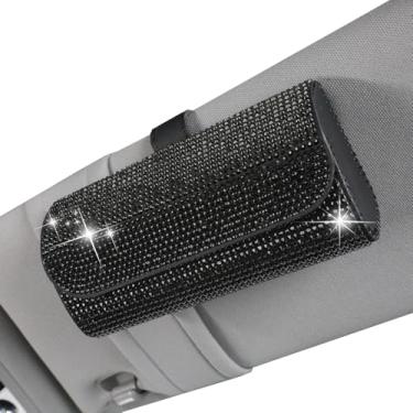 Imagem de Suporte de óculos de sol brilhante para viseira de sol de carro, estojo organizador de óculos de armazenamento com clipe de viseira de carro, estojo organizador de óculos de sol de couro PU para carro