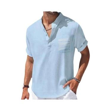 Imagem de Camiseta Masculina De Verão Em Algodão E Linho Com Gola Henry, Roupa C