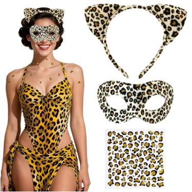 Imagem de Tepoobea Fantasia de gato de Halloween, leopardo, orelhas de gato, faixa de cabeça, máscara, cosplay, conjunto de acessórios para fantasia feminina de Halloween