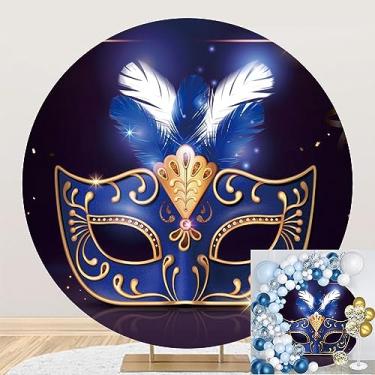 Imagem de DORCEV Capa de fundo redondo para celebração de carnaval, 2,2 x 2,2 m, cenário fotográfico de carnaval feliz carnaval azul real, dourado, máscara, baile de máscaras, clássico, festa de carnaval