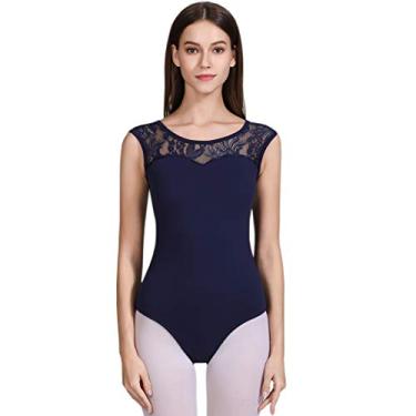 Imagem de Limiles Collant de Ginástica para Dança de Balé com Manga de Boné para Adultos, Azul marinho, Medium