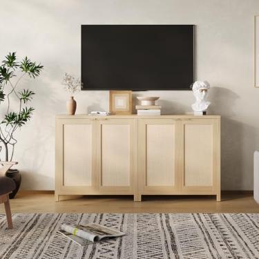 Imagem de Curtainboro Armário de armazenamento de vime para cozinha, buffet, cafeteria, com portas e prateleiras ajustáveis, armário buffet moderno para sala de estar, sala de jantar, cozinha, natural