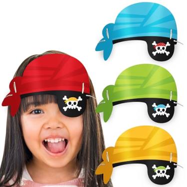 Imagem de Big Dot of Happiness Bandanas de papel com remendo olho de pirata, lembrancinhas de festa coloridas de caveira de navio pirata para crianças, 16 unidades