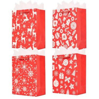 Imagem de Dimetey Pacote com 4 sacos de presente de Natal de 23 cm com papel de seda para presentes de Natal, saco de embrulho de elementos vermelhos reutilizáveis de Natal (vermelho)