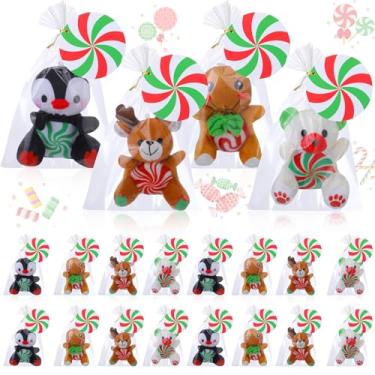 Imagem de Gejoy 20 Pcs Christmas Peppermint Candy Plush Toys Bulk Mini 4" Reindeer Polar Bear Gingerbread Man Penguin Stuffed Toys with Cards for Christmas Party Favors Xmas Stocking Goodie Bag Fillers