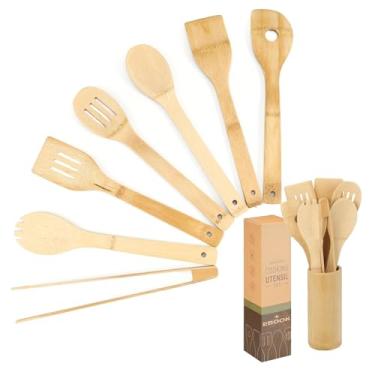 Imagem de Kit 8 Utensílios de Cozinha de Madeira, Colheres de Madeira de Teca Natural, Espátulas e Barril de Armazenamento para Panelas Antiaderentes e Uso Doméstico