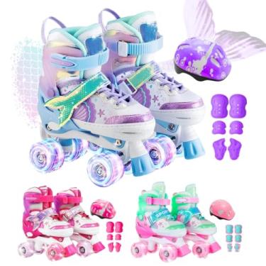 Imagem de Patins Infantil 4 Rodas Ajustável Rodinha Led Sereia + Kit Proteção (Roxo, M - 33 ao 36)