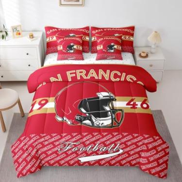 Imagem de Feelyou Jogo de edredom de futebol americano com 7 peças, tamanho casal, São Francisco, para crianças, meninos, meninas, futebol americano, cidade, decoração de quarto de jogos, microfibra macia e