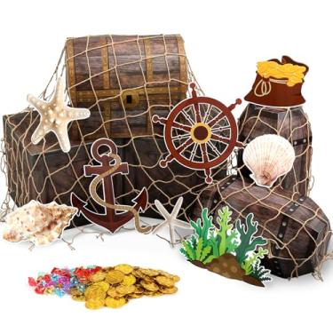 Imagem de 164 peças de decorações de festa pirata imitação de tesouro caixas de madeira rede de pesca, joias de aventura de papelão para pirata Halloween baú ou petisco, decoração oceânica, aventura
