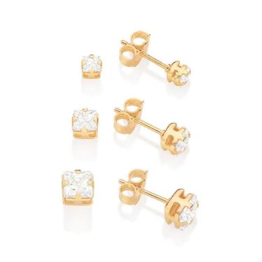 Imagem de Brinco rommanel kit 3 furos solitários folheados a ouro