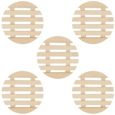 Imagem de Descanso De Panela Redondo Madeira Ripado 14,5Cm Kit 05 Un