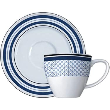 Imagem de Germer, Xícara e pires para café em porcelana, modelo Versa, 5ª Avenida, 100 ml, Branco com detalhes em azul e filetes de prata