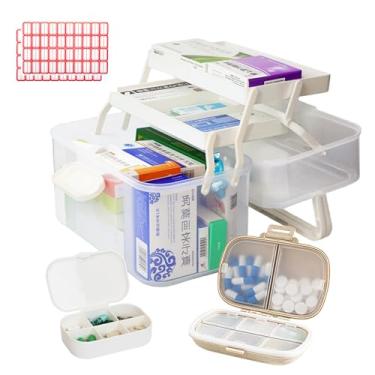 Imagem de Caixa organizadora de medicamentos com alça – Estojo de armazenamento de armário de remédios de 3 camadas com 2 caixas de comprimidos e 70 etiquetas, armazenamento de medicamentos à prova de umidade