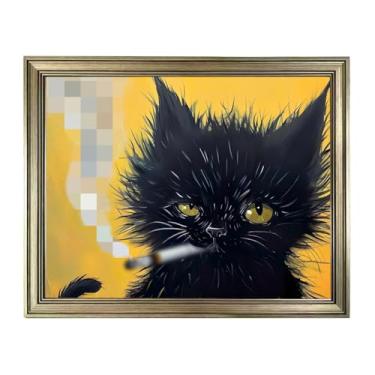 Imagem de Decoração de parede emoldurada vintage pintura de gato preto retrato de gato pôster impresso em tela para quarto masculino decoração de banheiro