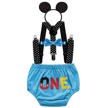 Imagem de FMYFWY Conjunto de 4 peças para bebês meninos, 1º aniversário, acessório para fotos de bolo, suspensórios, gravata borboleta, #F Azul, 6-12 Meses