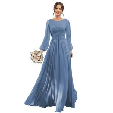 Imagem de Vestido de dama de honra YOFF 2024 de mangas compridas A-Line Steel Bl