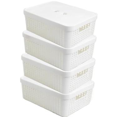 Imagem de Caixa Organizadora Rattan com Tampa Invisível 11,5L – Multiuso para Gavetas, Casa, Cozinha e Armário(Branca 4 UN)