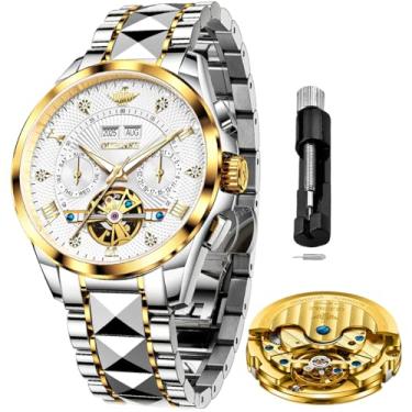 Imagem de OLEVS Relógios automáticos masculinos mecânicos luxuosos com corda automática, vários calendários, aço inoxidável, à prova d'água, relógios de pulso para homens, Relógios prateados com corda