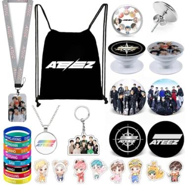 Imagem de YX&ST Conjunto de presentes Kpop para Ateez, incluindo mochila com cordão, colar, brincos, pulseiras, pinos de botão, suporte de identificação de cordão, crachá de desenho animado, suporte de anel de