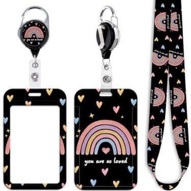 Imagem de Cordão de crachá de identificação arco-íris para chaves de crachá de identificação, lindo clipe retrátil para crachá com clipe de coração para mulheres, meninas, crianças, enfermeiras, professoras