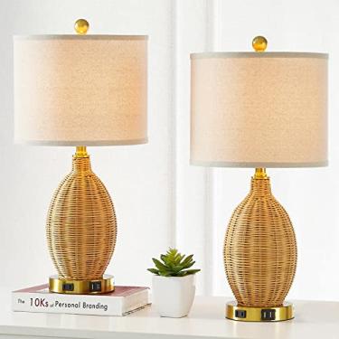 Imagem de CINSARY Touch Control Rattan Table Lamps, 3 Way Dimmable Bedside Lamps for Bedroom Set of 2 with 2 USB Ports and AC Outlet, Gold Wicker Nightstand Lamps for Living Room Office (LED Bulbs Included)