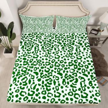 Imagem de jejeloiu Jogo de lençol solteiro com estampa de animal de leopardo verde, para crianças, meninos, meninas, simples, moderno, respirável, macio, leve