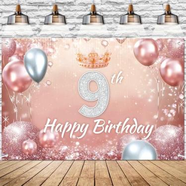 Imagem de Faixa rosa rosa feliz aniversário 9 anos pano de fundo diamante glitter tema decoração de fundo para meninas princesa festa de aniversário decorações suprimentos 183 x 109 cm BECKTEN