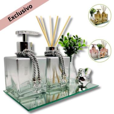 Imagem de Kit Lavabo Luxo Banheiro Com Bandeja Espelhada Difusor e Saboneteira C