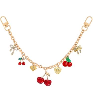 Imagem de LuneClat Berloques decorativos com laço de cereja – corrente dourada elegante com pingente, corrente de extensão de substituição para bolsas de ombro, alça de alça para mulheres, alça transversal
