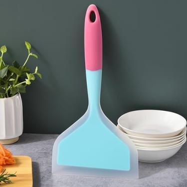 Imagem de Espátula de peixe de plástico envolto de silicone, pá antiaderente, resistente ao calor, ampla espátula plana para ovos, tamales, pizza, rosa, azul