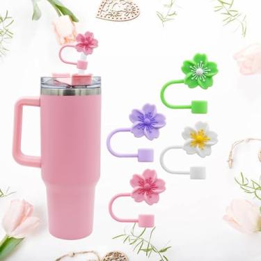 Imagem de 4 peças de tampa de palha de flores de cerejeira para copo Stanley, bonito topo de palha 10 mm 1 cm tampas de palha reutilizáveis