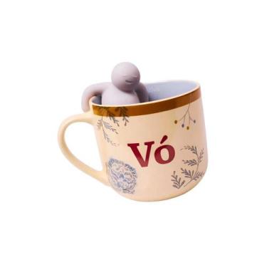 Imagem de Caneca Xicara Com Infusor Cerâmica Para Chá Vó Bordados 350ML Presente