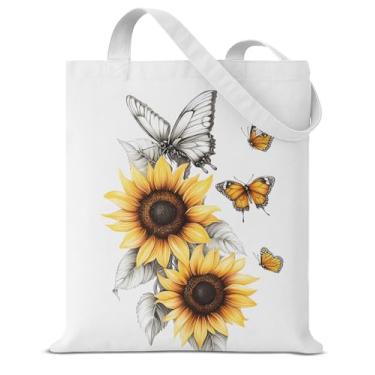 Imagem de Linda sacola de lona de girassóis borboletas, presentes para mulheres, reutilizável, bolsa de ombro para compras, bolsas de praia