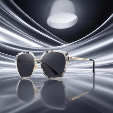 Imagem de Óculos de sol femininos vintage com armação de escudo grande para mulheres com caixa de presente, Armação de tartaruga branca/lente preta/hastes douradas, Lens Width: 55 Millimeters