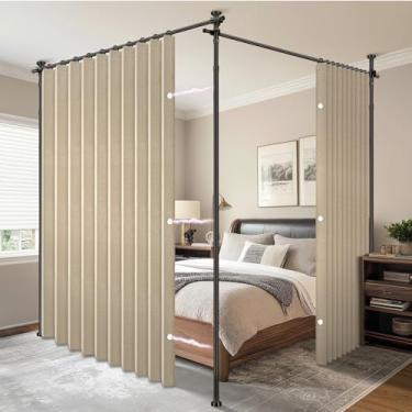 Imagem de AJAZZ Cortina divisória de quarto (2 painéis, bege, L 259 x C 236 cm) + hastes de cortina sem perfuração tensão ajustável (H) 43-120 × (L) 89-508 cm, divisória de parede resistente para apartamento