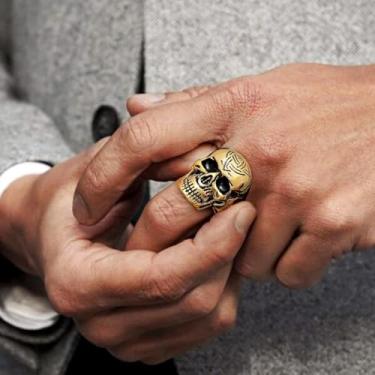 Imagem de Anel masculino com caveira de aço inoxidável com nó celta viking, banhado a ouro/prata/preto, joia gótica, tamanho 7-14, 13, Aço inoxidável, Sem pedra preciosa