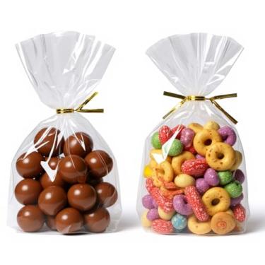 Imagem de Yuervson Sacos de celofane de plástico transparente com laços torcidos para lembrancinhas de festa, pacote com 100 unidades de 15 x 25 cm