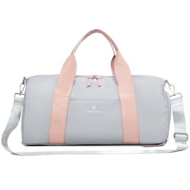 Imagem de Pequena bolsa de ginástica feminina com bolso molhado e compartimento de sapatos, linda mini bolsa esportiva esportiva para ioga, treino, dança, natação, Cinza e rosa, Large