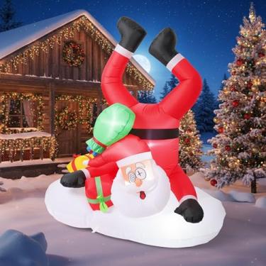 Imagem de BLOOMWIN Brinquedos infláveis de Natal com suporte de mão de 1,8 m Papai Noel com presentes decorações de cabeça para baixo com luzes LED embutidas, decorações para casa de Natal