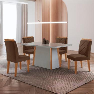 Imagem de Mesa De Jantar Diane E 4 Cadeiras Melissa Moderna Mobilia Veludo Marrom/off/nat/serig Off Com Vidro