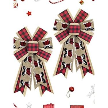 Imagem de 2 peças de laços de guirlanda de Natal, laços de pé de Papai Noel, arcos de serapilheira xadrez vermelho marrom para grinaldas, laços de fita de Natal, arco de topo de árvore para ano novo, decoração